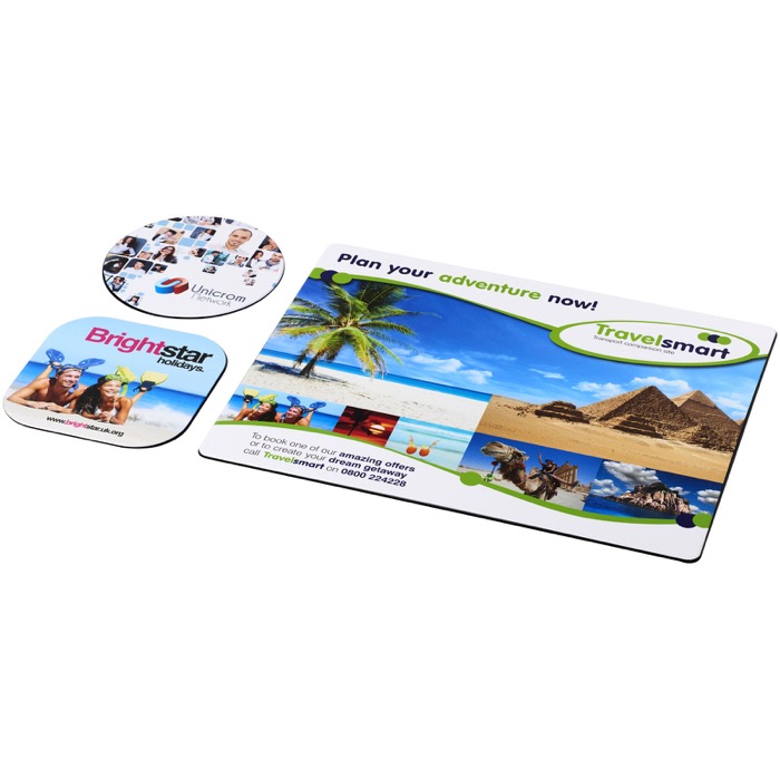 Combo 1 de alfombrilla para ratón y juego de posavasos